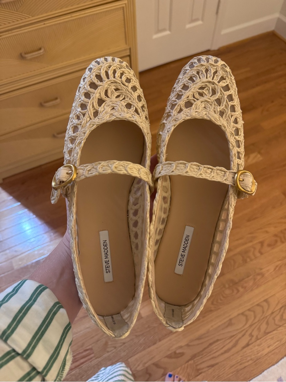 Steve Madden Cream Crochet Mary Jane Flats with Gold Buckle